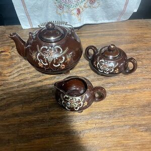 Japanese Brown Floral Ceramic Teapot Set - 3 Piece